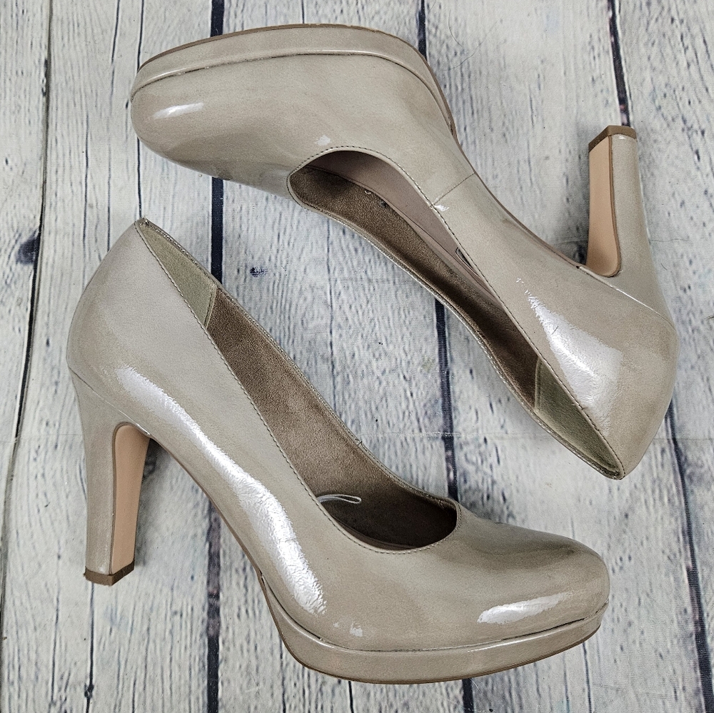 TAMARIS | neutral beige faux patent/vegan pump heels